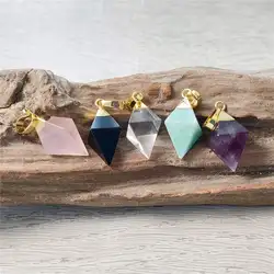 FUWO Wholesale Rhombus Shaped Natural Stones Pendant,Golden Plated Mix Crystal Accessories For Women Jewelry Making 5Pcs PD106G