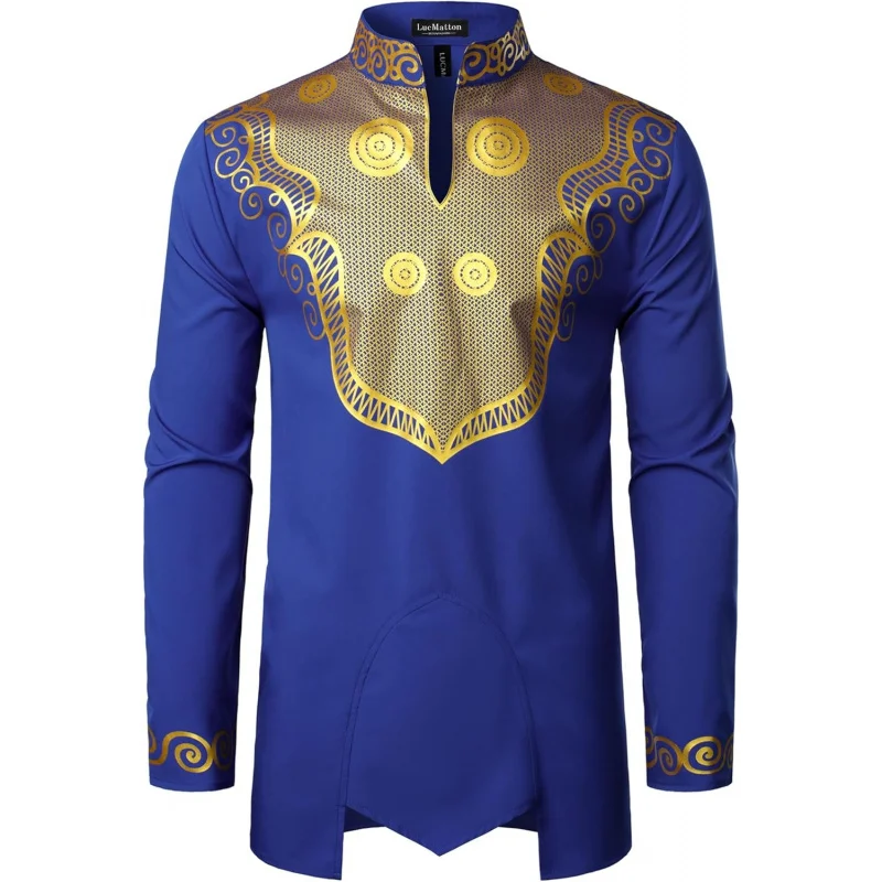

Men's African Attire Dashiki Shiny Foil Printing Long Sleeve Slim Fit Lightweight Mandarin Collar Shirt