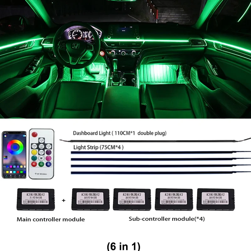 LED Car Ambient Light RGB 64 Colors Parts Main Sub Controller 35/75/110cm Light Strip Storage Door Lamp Extension Cord Speakers