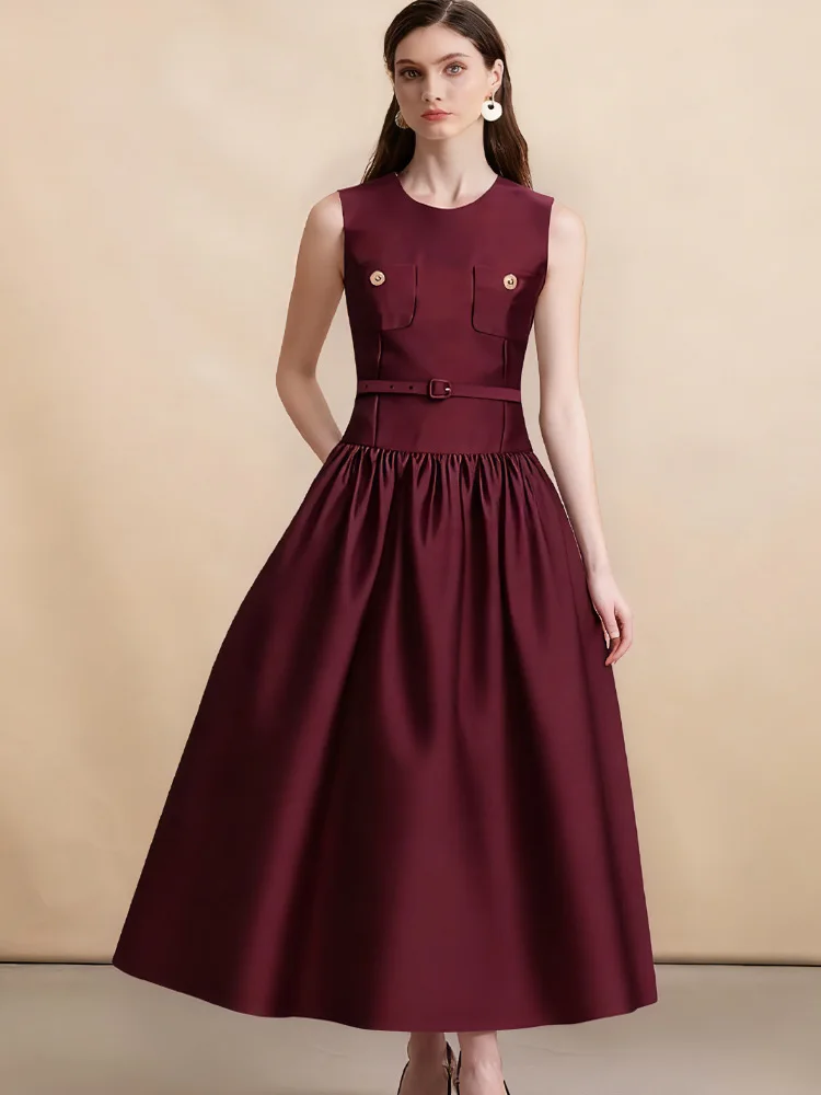 

Высокое качество, винтажное темпераментное женское плиссированное платье с тонким поясом, весеннее модное женское элегантное длинное платье с круглым вырезом и рукавами