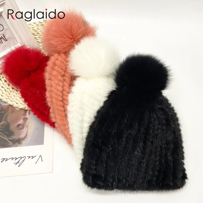 New Girls Boys Winter Hat Real Mink Fur Knitted Fox Fur Pompom Warm Hats Elastic High Quality Kids Outdoor Beanie Hats