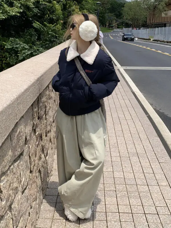 Parka da menina pão algodão-acolchoado jaqueta engrossar outono inverno feminino estudante retro americano gola de pele de cordeiro casaco puffer