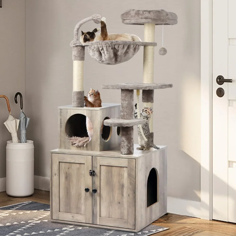 

Bed for Cats House Wood Cat Condo With Basket Cat Tree With Litter Box Enclosure Pet Supplies Grey Scratching Posts Pompoms Home