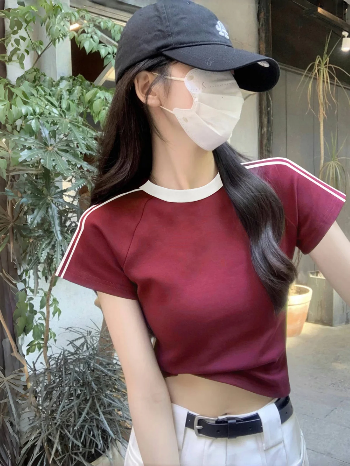Retro American Shoulder Three Bars Short Sleeve T-Shirt Women Summer Design Sensual Sporty  Length Fashionable Top