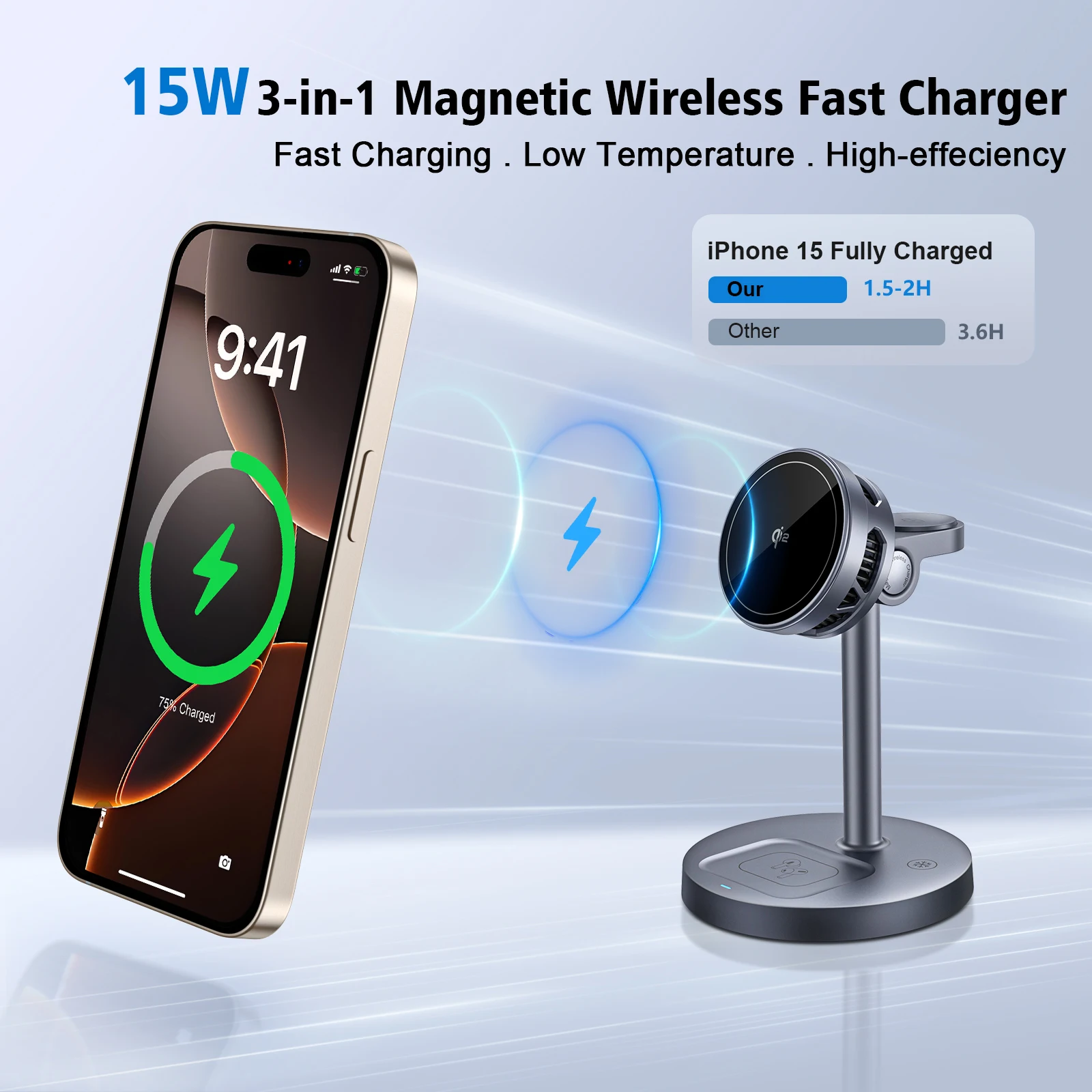 Domars 15W Qi2 Magnetic 3 in 1 Wireless Charger Phone Stand For Magsafe iPhone 17 16 15 Pro Max Apple Watch 10~2 AirPods 4 Pro