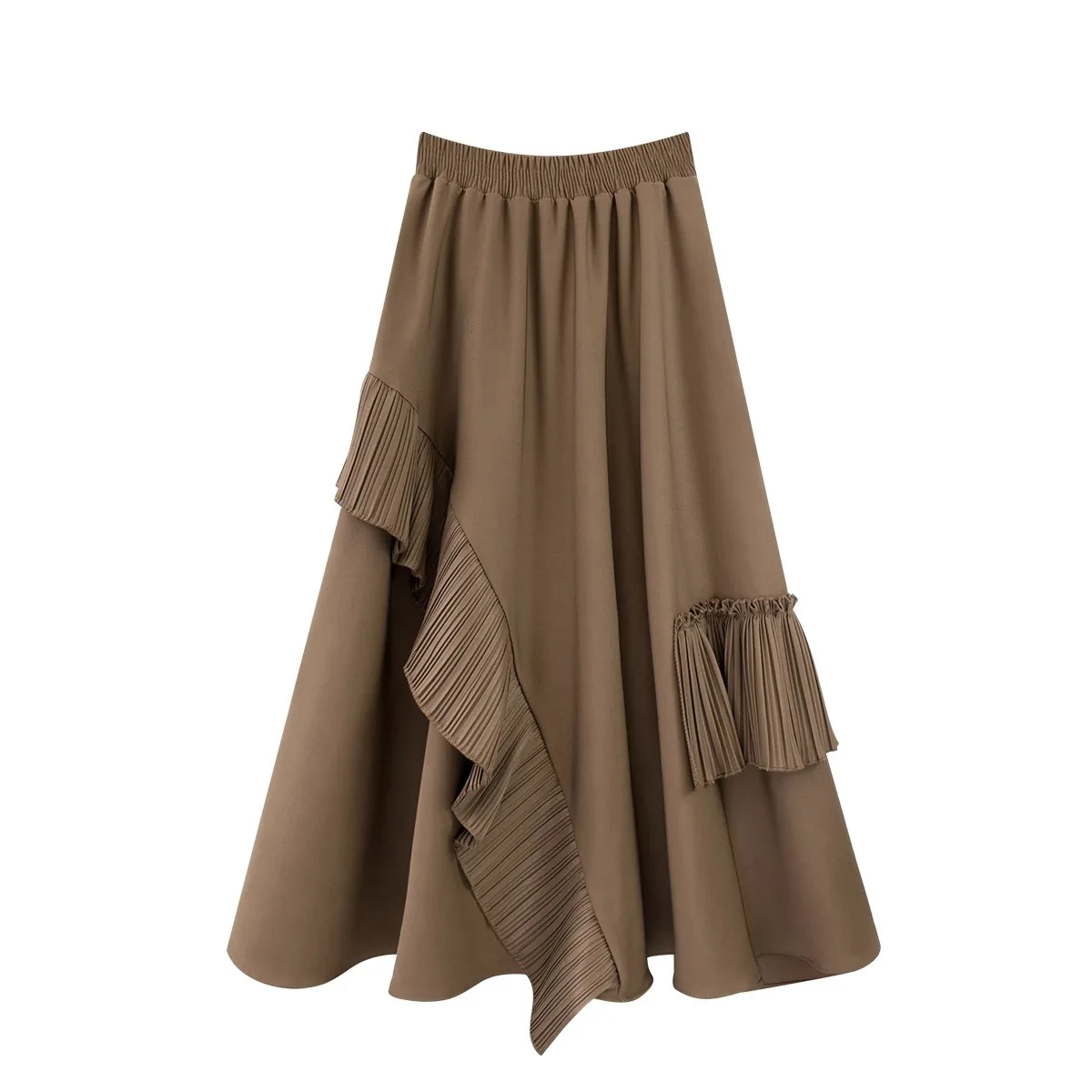 Autumn Vintage Pleated Midi Long Skirt High Waist Elegant Umbralla Patchwork Cake A-line Skirt Solid Irregular Ruffle Skater