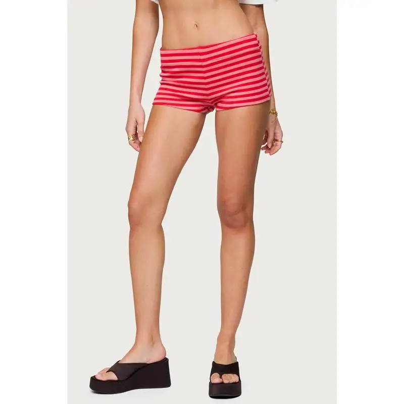 Combhasaki 여성 여름 Y2K 캐주얼 스트라이프 프린트 대비 컬러 반바지 신축성있는 낮은 허리 바지 휴가 비치 클럽 streetwear