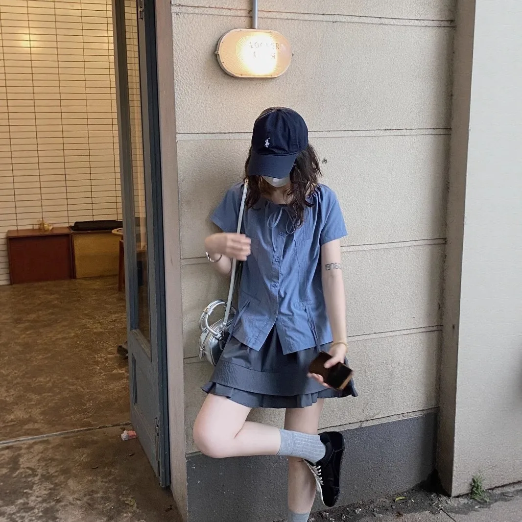 

Юбка с высокой талией в стиле ретро, женская летняя новинка 2023 года, складная юбка трапециевидной формы с небольшой строчкой и подолом, школьная юбка для бизнеса и дома...