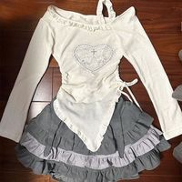 Kawaii Y2k Two Pieces Set Women Irregular Bandage Sweet Ruffle T-shirt + Aesthetic Patchwork Mini Cake Skirts Harajuku Suit