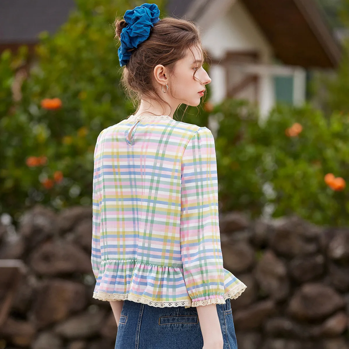 Women's Plaid Ruffle Blouse with Lace Trim and Round Neck