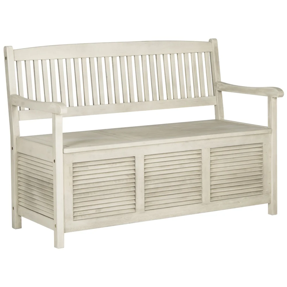 Modern Outdoor Storage Bench Acacia Wood Durable Seating Two Easy Care Stylish Design Ideal Pool Gear Cushions