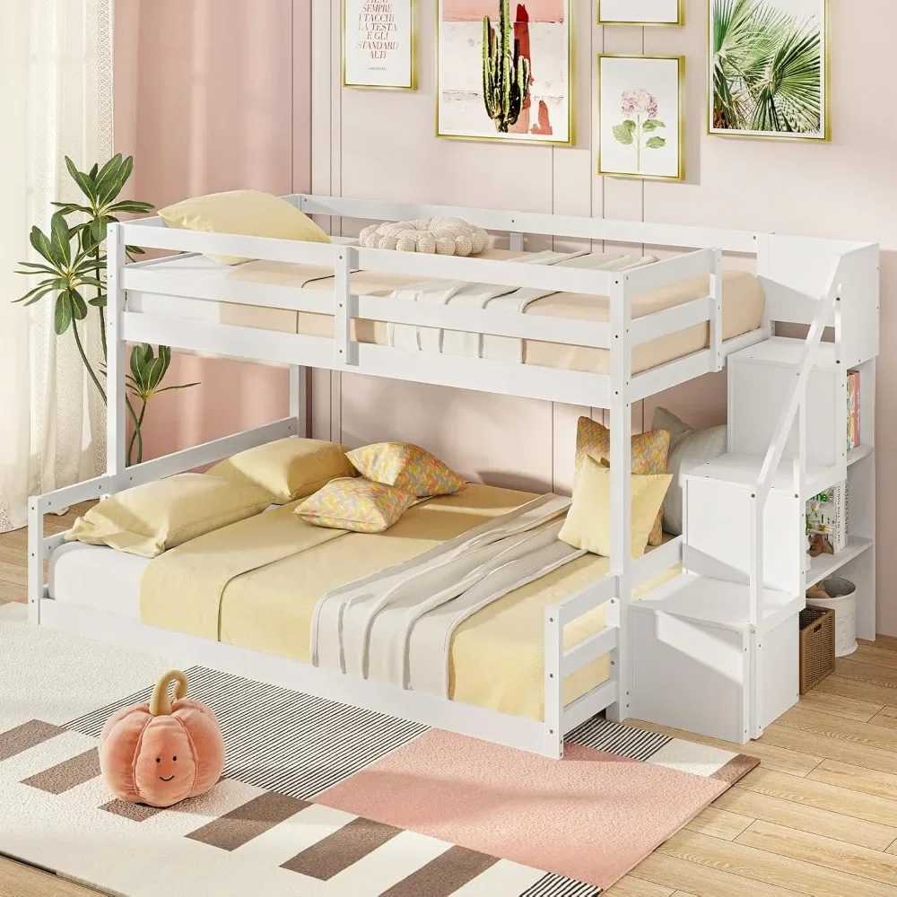 Twin Over Full Bunk Bed with Stairs, Bunk Bed with Storage Staircase & Full-Length Guardrails, Low Bunk Bed with for Kids