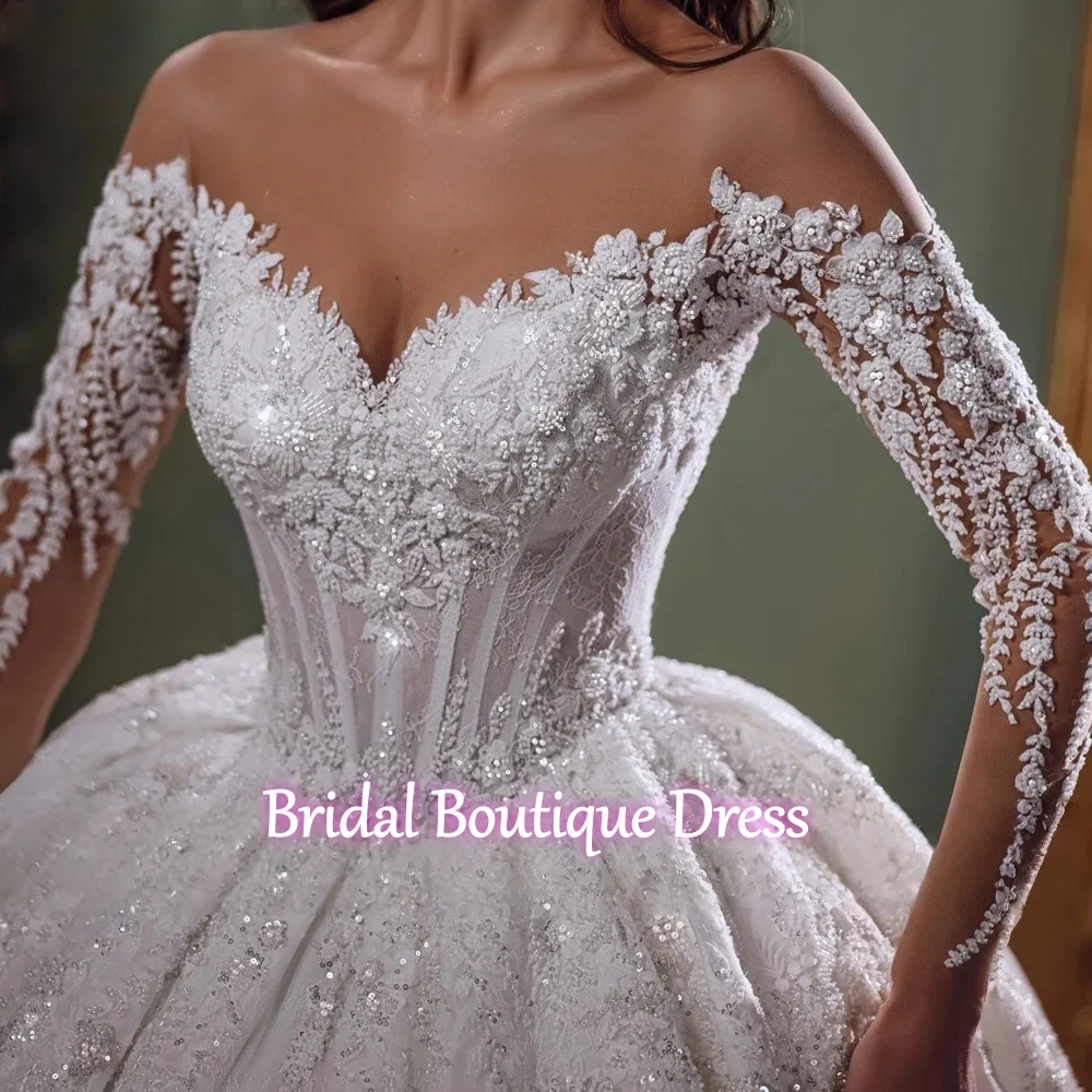 Vestido de novia personalizado con apliques exquisitos, vestido de novia de manga larga, bordado de cuentas de lujo, cuello redondo, princesa nupcial, 2026