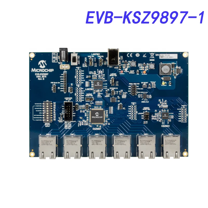 

EVB-KSZ9897-1 Evaluation Board, KSZ9897 Gigabit Ethernet switch, 6 RJ45 ports