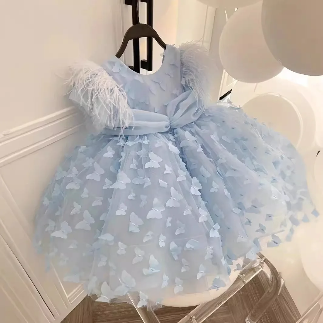 Baby Girl Princess Butterfly Lace Tutu Dress Feather Sleeve Child Gauze Tulle Vestido Bow Party Birthday Baby Clothes 1-12Y