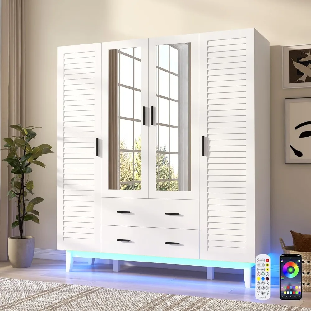 

4 Door Armoire Wardrobe Closet Cabinet with Drawers and LED Lights, Multi-Tier Shelves, Hanging Rod & Louver Doors, Large Capaci