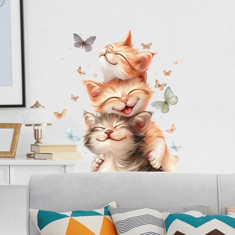 Three Cute Cat Wall Sticker Baby Kids Room Decoration Mural Self-adhesive Bedroom Home Wallpaper Nursery Decals S815