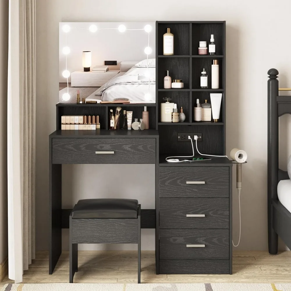 Vanity Desk with Mirror and Lights, With Charging Station, 3 Lighting Modes Brightness Adjustable, 4 Drawers, 8 Shelves