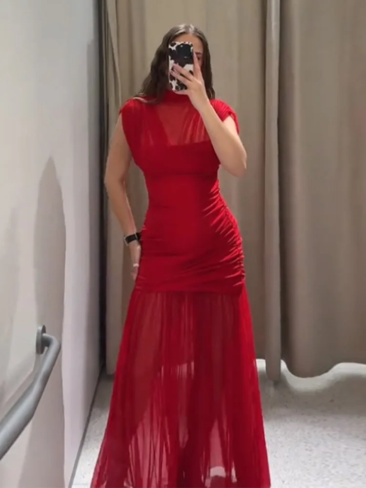 Seksowna czerwona plisowana siateczka długa czerwona sukienka bez rękawów przepuszczalność Patchwork sukienki w kształcie litery A kobiece 2025 letnia dama wąskie szaty