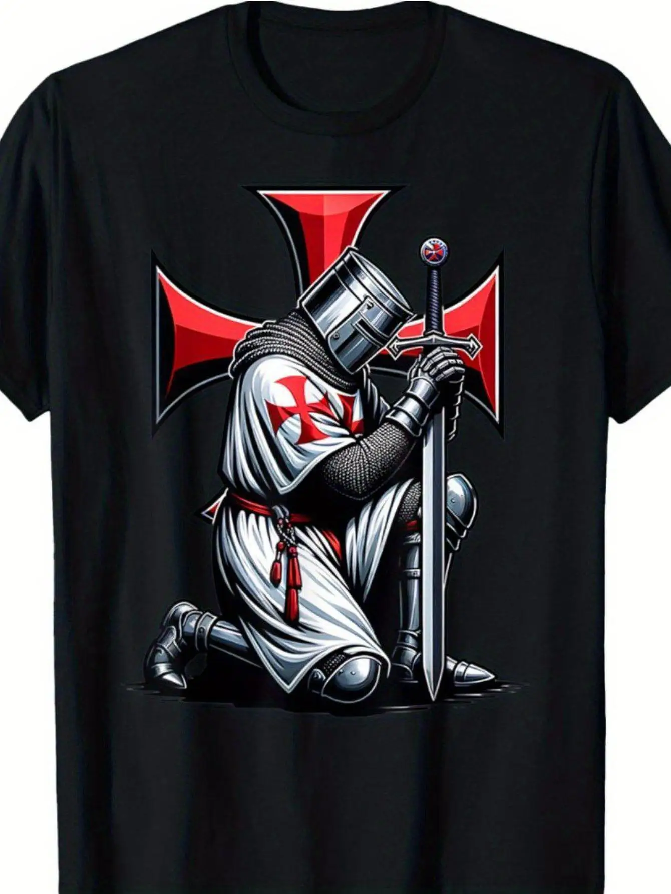 

Рыцарь-тамплиер, христианская футболка с рисунком крестоносца, 100% хлопок, с круглым вырезом и коротким рукавом, летняя повседневная мужская футболка, уличная одежда