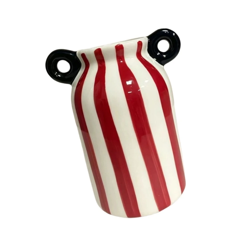 Ceramic Flower Vases Small Striped Flower Vessel with Double Side Detail for Shelf Display, Desk Styling, and Entry Table JOMD