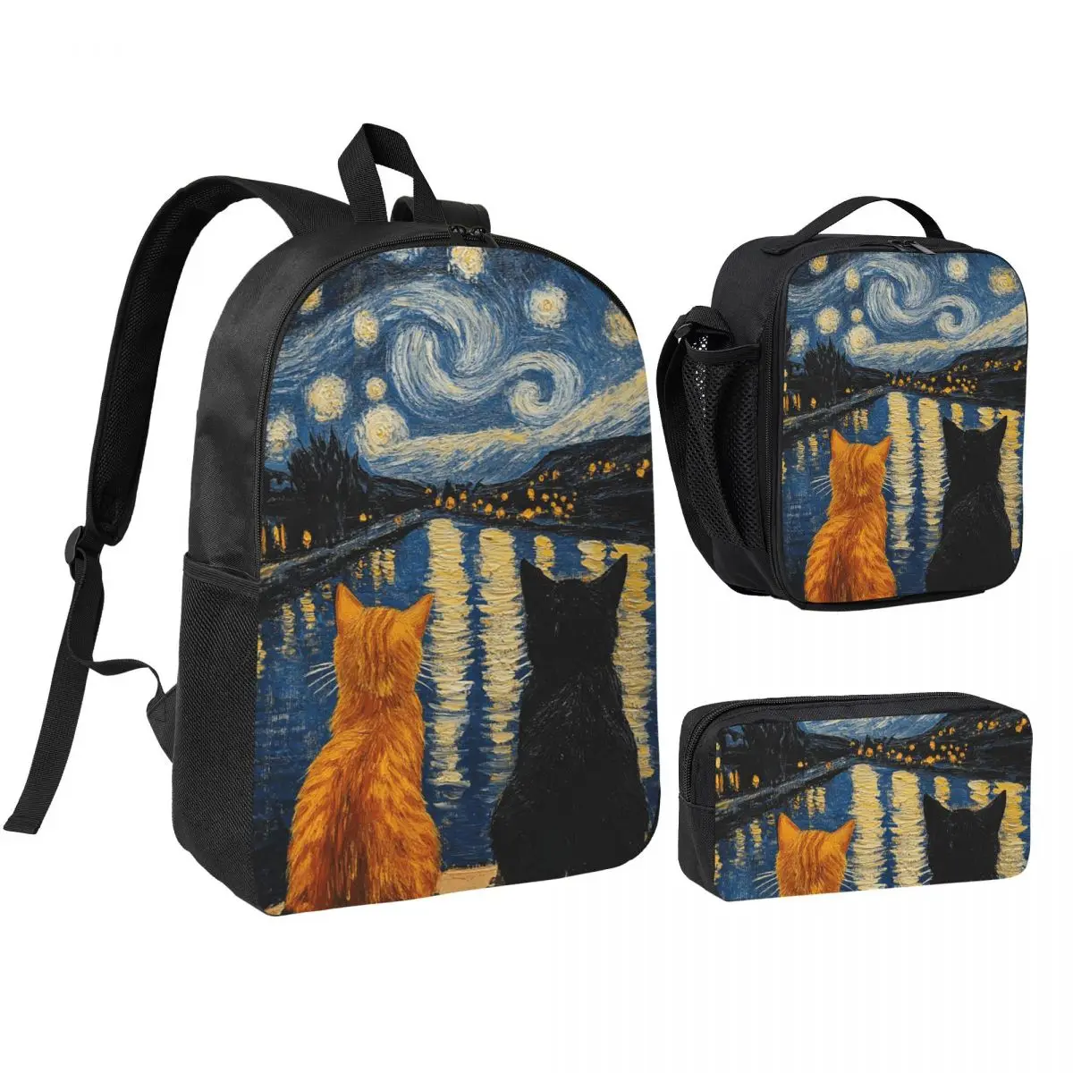 Starry Night Cats Artistic Backpack Boys Girls BookBag School Bag Shoulder Bags 3ps Insulated Lunch Bag Pencil Case
