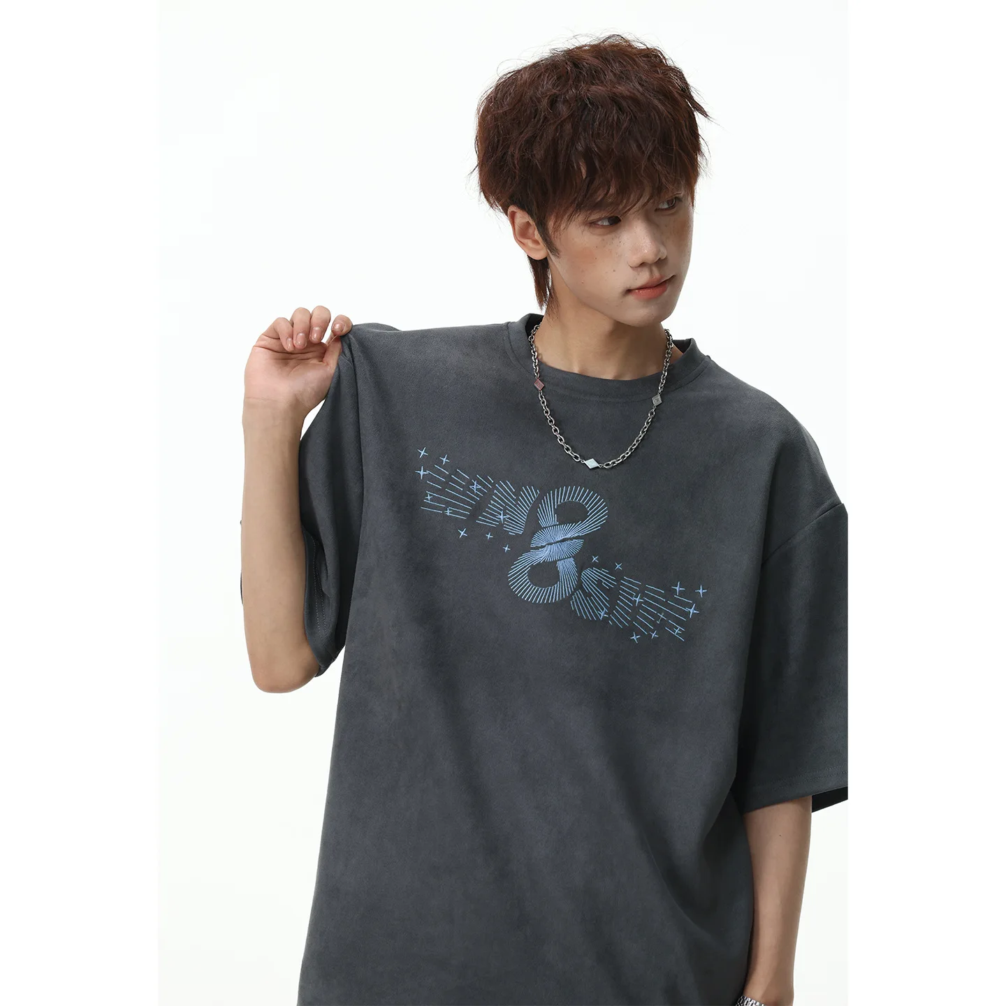 TFETTERS Summer Mens Vintage Streetwear T-Shirt Faux Suede Star Graphic Print Loose Fit Skate Streetwear Casual Short Sleeve Tee