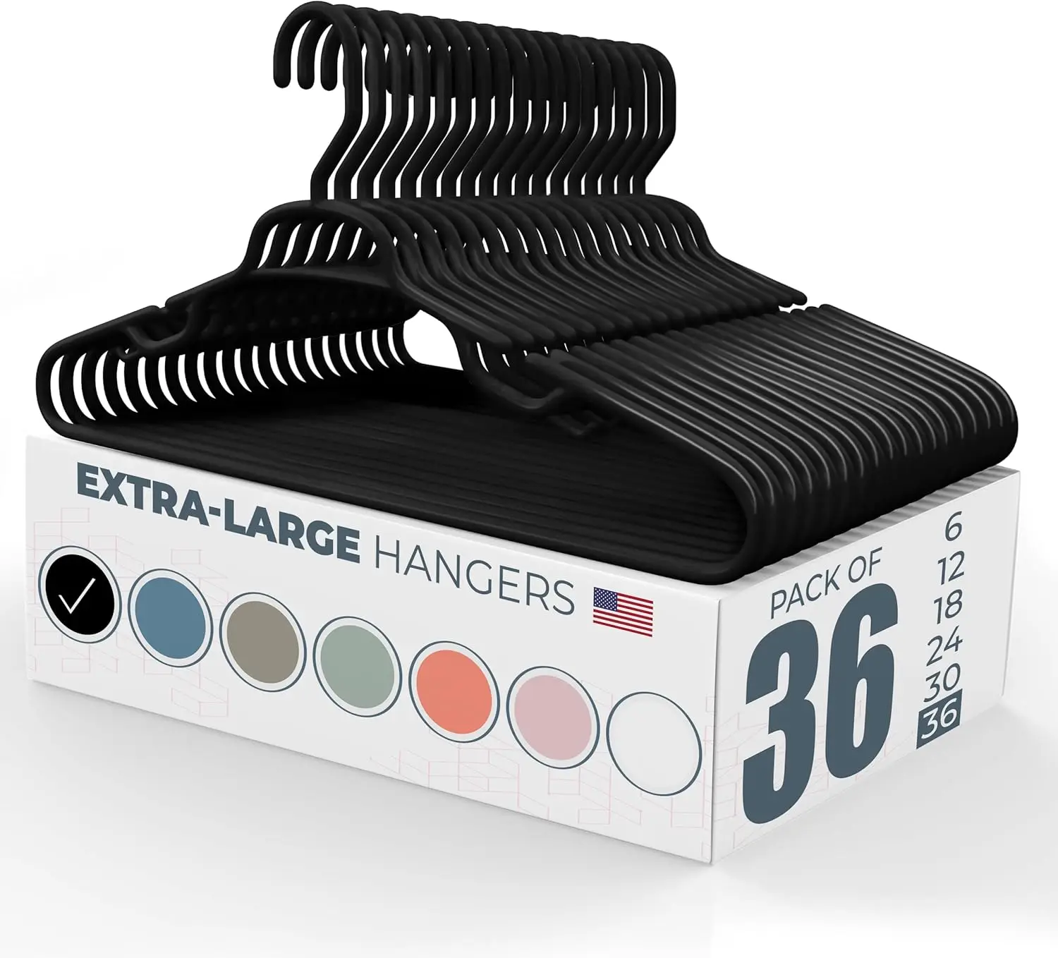 

Heavy Duty Plastic Clothes Hangers 36 Pack, Wide for Plus Size Clothing, Notches for Coats & Pants, Black