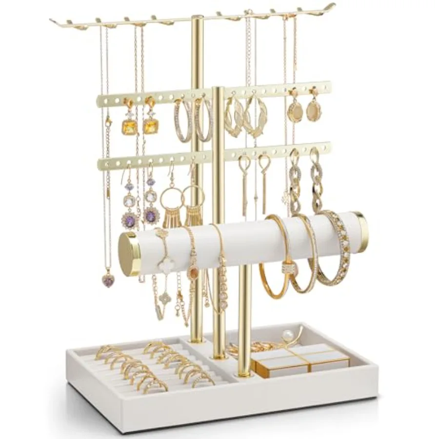 3 Tier Jewelry Stand Organizer with Tary, Leather Jewelry Holder Display for Women, Gold Jewlery Holder Display for Necklace, E