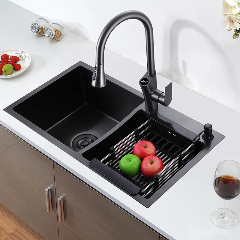 Diseño moderno hecho a mano de fregadero de cocina de doble ranura de acero inoxidable 304