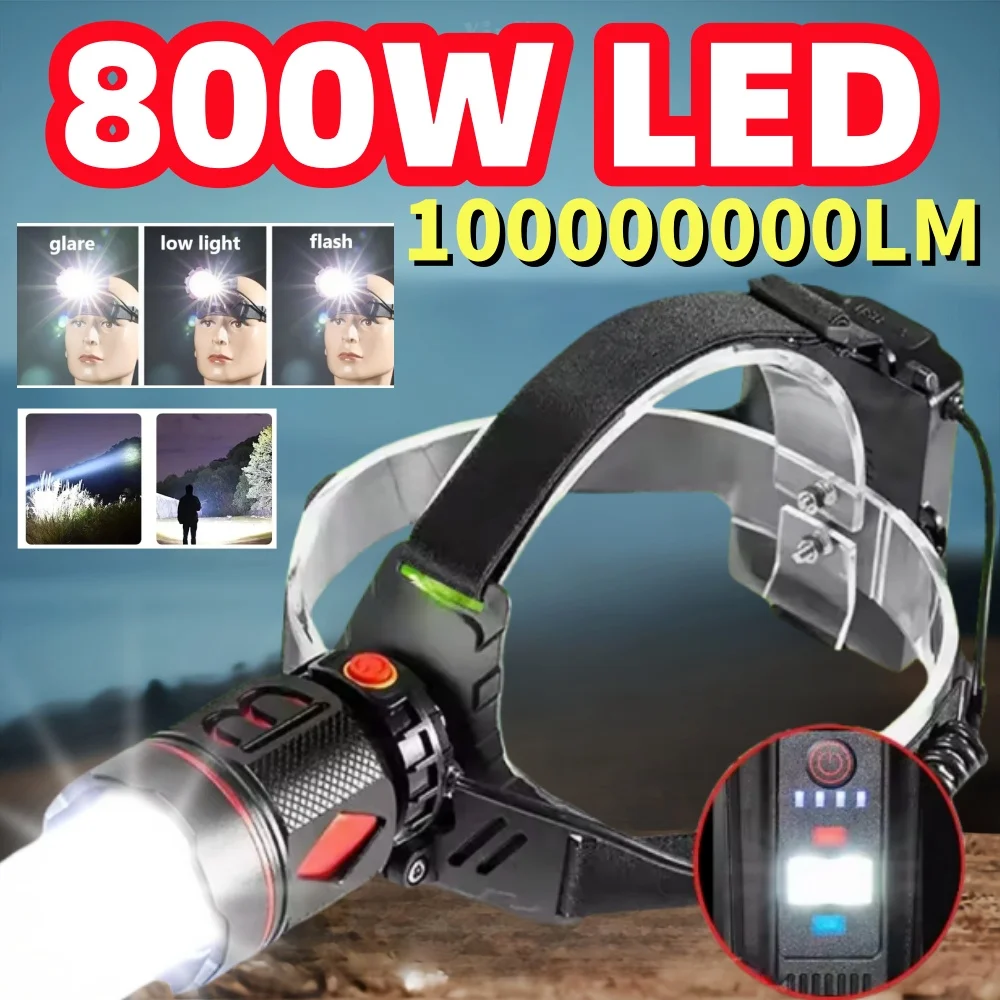 

Мощный светодиодный налобный фонарь 800 Вт, перезаряжаемый через USB, для рыбалки, кемпинга, поиска, из алюминиевого сплава, с зумом, светодиодный фонарь-прожектор, налобный фонарь для работы на открытом воздухе