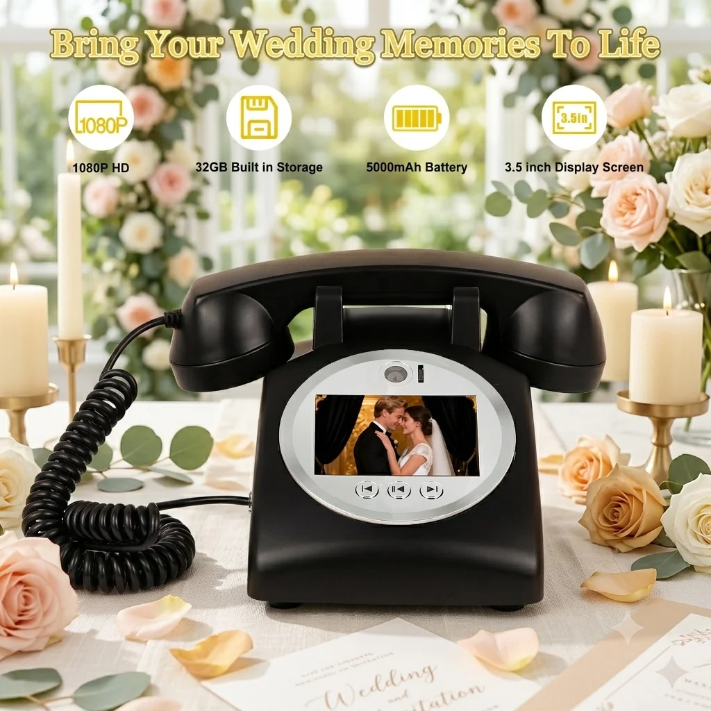 Retro Wedding Video Guestbook Phone 1080P Vintage Audio Message Recorder Telephone for Bridal Party Decor Blessing Voice Mail
