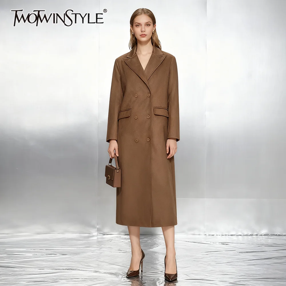 

TWOTWINSTYLE Solid Loose Spliced Ouble Breasted Vintage Long Coats for Women Lapel Long Sleeves Minimalist Coat Female Clothing