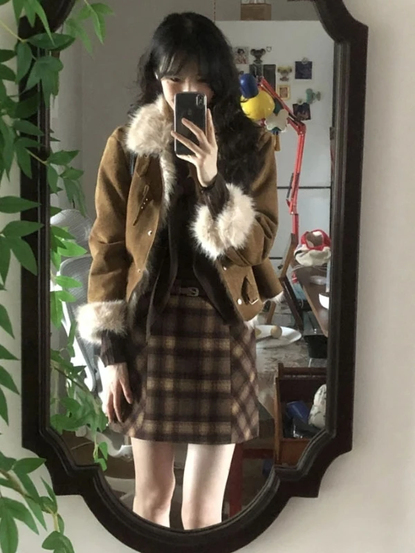 Cappotto in Pelle con Pelliccia Stile Retrò di Lusso, Vestibilità Ampia, per Donne di Bassa Statura, Moda Invernale