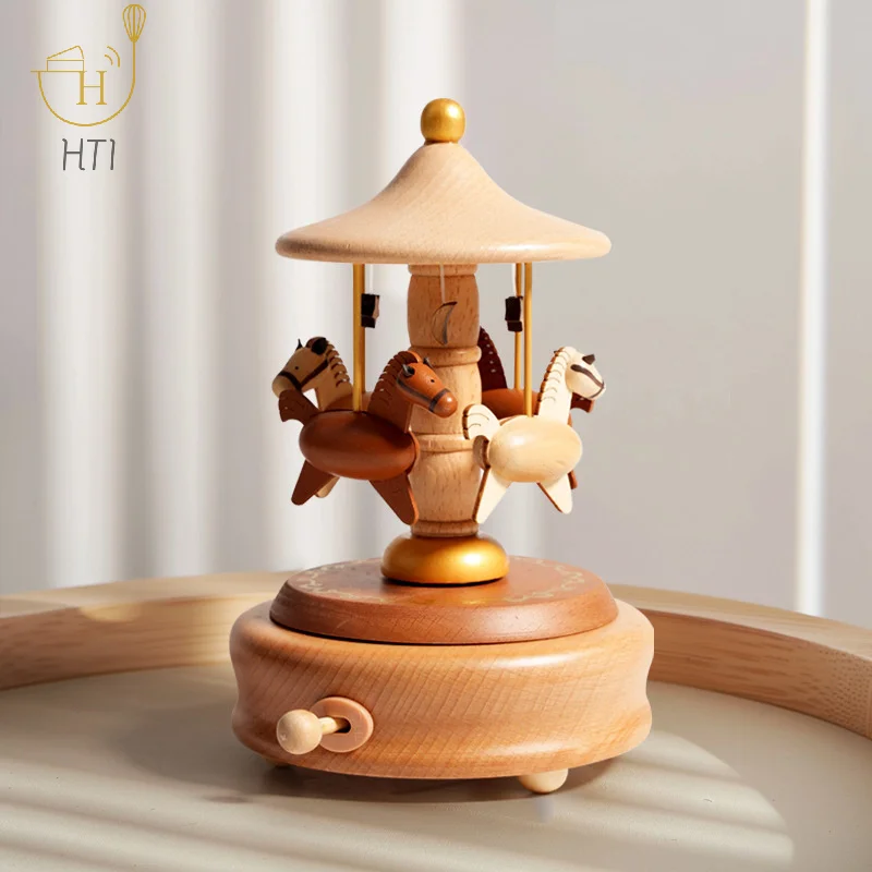Rotatable Hand-cranked Music Box Wooden Carousel Music Box Ornaments DIY Handmade Birthday Christmas Gift Children’s Toys