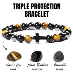 Triple Protection Bracelet Bring Luck Natural Hematite Slimming Black Obsidian Tiger Eye Stone Beads Women Men Cross Bracelets