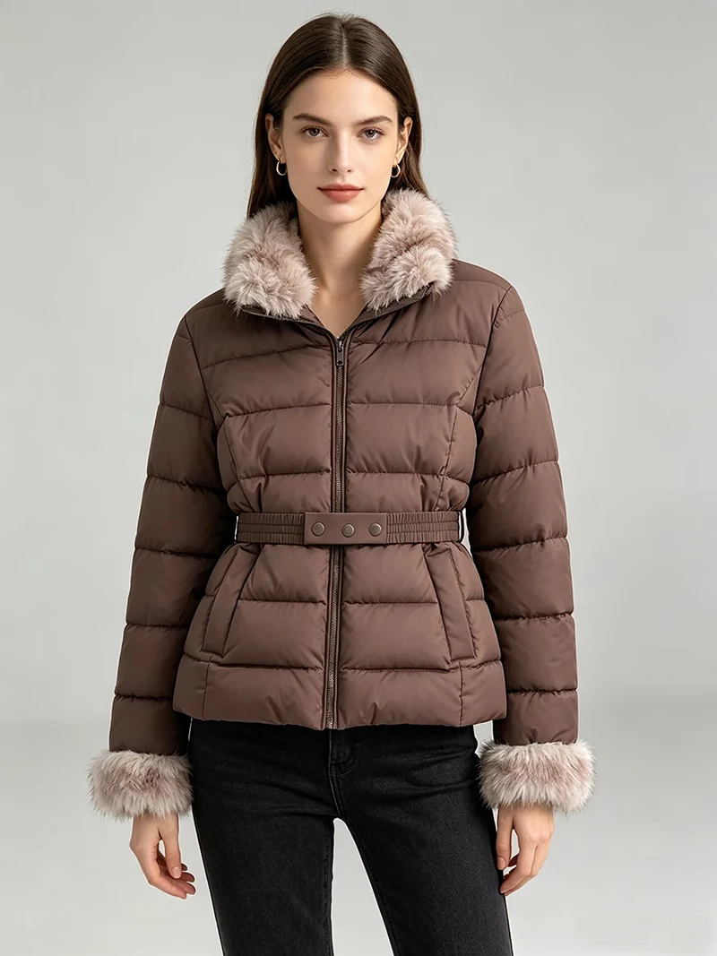ZADORIN Chic Belted Slim Winter Coat Women Patchwork Faux Fur Collar Cotton Padded Jackets For Woman 2026 Short Parka Outerwear