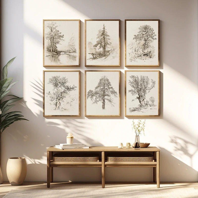 Vintage Sketch Tree Neutral Nature Forest Landscape Poster Canvas Printing Farmhouse Wall Art Picture Rustic Country Decor