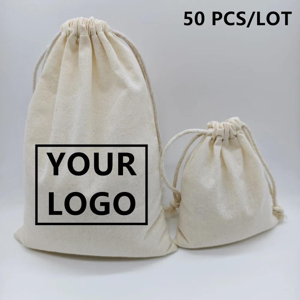50 unids/lote bolsas de almacenamiento de algodón personalizadas con logotipo con cordón bolsas de impresión de diseño personalizado para fiesta y boda para embalaje