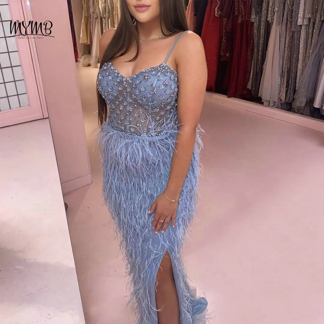 MYMB Sexy Slip Evening Dress for Birthday Party Arabic Luxury Crystal Rhinestones Mermaid Split Wedding Formal Prom Gown DKD027