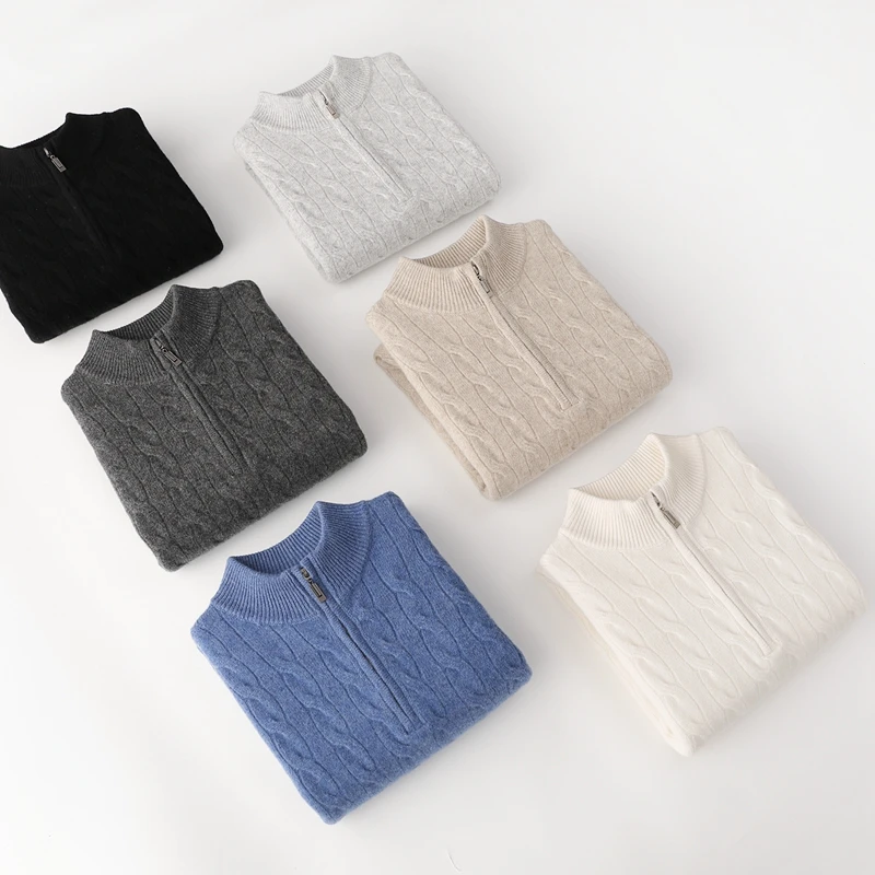 Men Wool Sweater Half Zipper Pullover Autumn Winter Thick Warm 100% Merino Wool Knitwear Mock Neck Twist Clothing Korean Tops