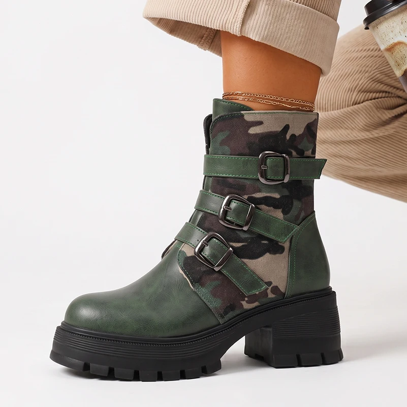 Women's Camo Patchwork Platform Ankle Boots, Three Buckle Straps Slipon Hook & Loop Chunky Heel Casual Moto Short Boots
