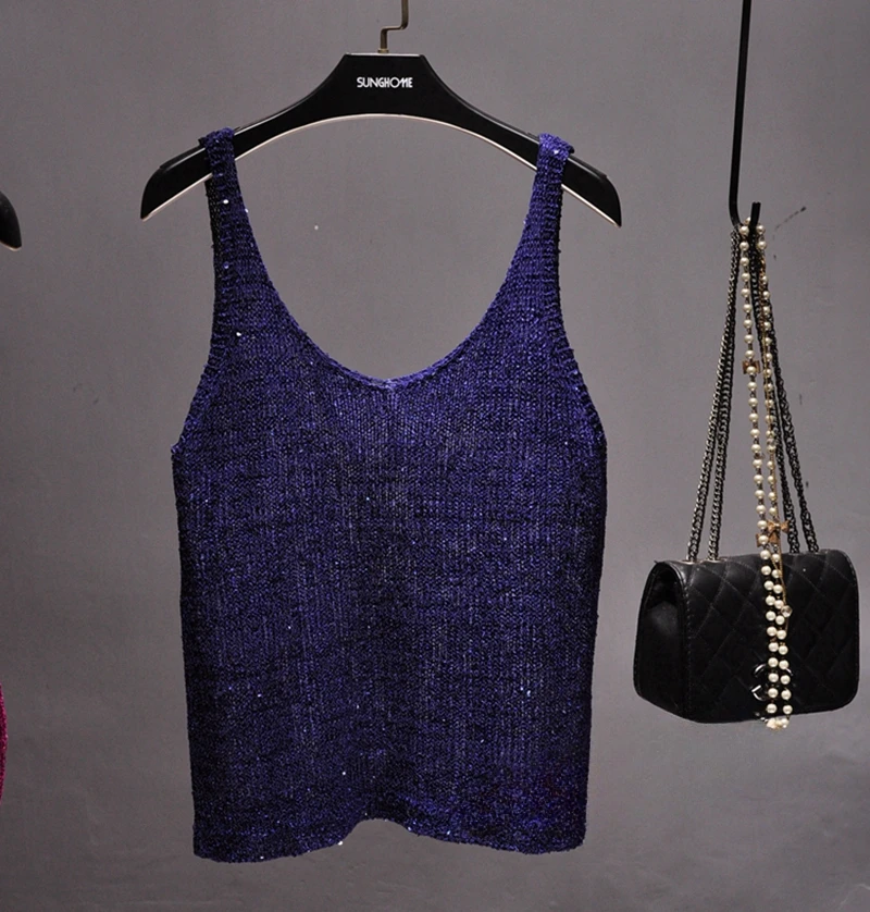 Spring and Summer of 2020 The New V-neck Condole Belt Knit Sequined Vest Outside The Joker Sleeveless T-shirt Top Coatt