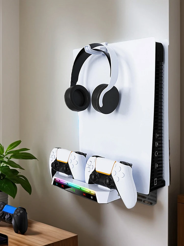 Wall Mount Kit with Charging Station RGB Light Wall Bracket W/ Headset Holder Wall Stand for PS5/PS5 Slim Disc & Digital Console