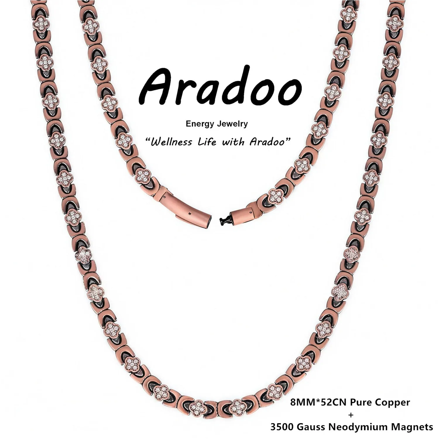 

Ожерелье ARADOO Premium из медного сплава с кристаллами, дизайн «Бесконечный клевер» (Удача и Любовь), магнитное терапевтическое украшение, подарки