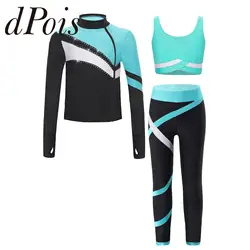 Kids Girls Gymnastics Outfits Colorblock Workout Yoga Sports Set Sweatshirt Vest Top Leggings for Figure Skating Athletic Suits