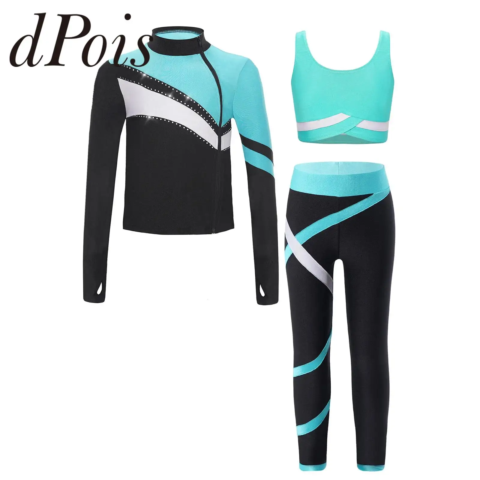 Dziecięce dziewczęce stroje gimnastyczne Colorblock trening zestaw sportowy do jogi bluza kamizelka Top legginsy do łyżwiarstwa figurowego dresy sportowe