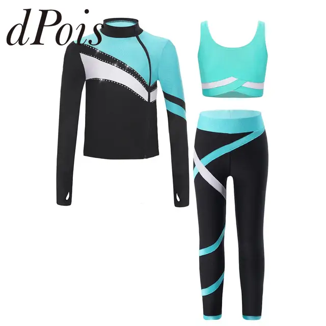 Dziecięce dziewczęce stroje gimnastyczne Colorblock trening zestaw sportowy do jogi bluza kamizelka Top legginsy do łyżwiarstwa figurowego dresy sportowe
