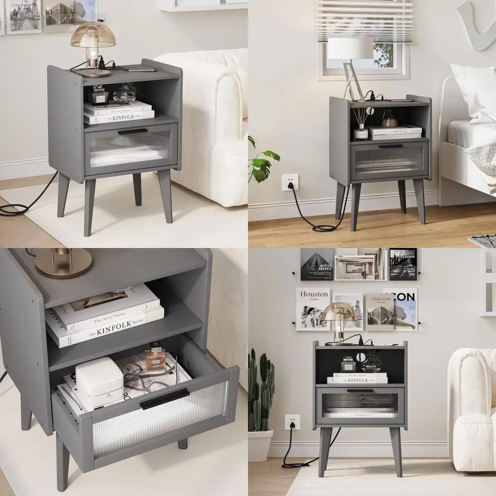 

Grey 2-Tier Bedside Table with Charging Station & Storage for Bedroom & Living Room