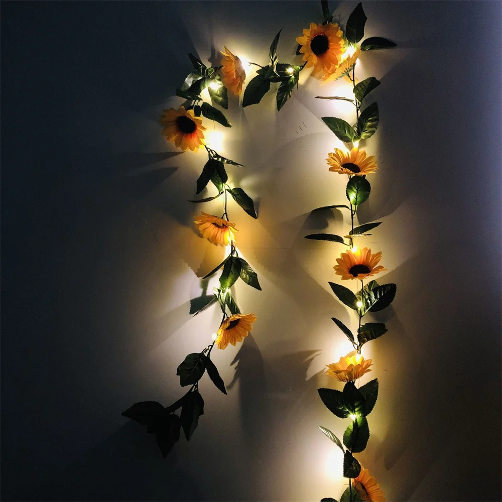 Guirnalda de luces de girasol para decoración del hogar, guirnalda de flores artificiales con USB y batería, 2M, 20LED, para jardín de Navidad